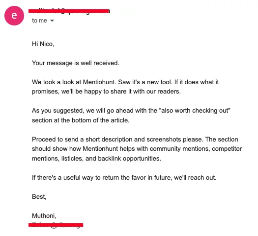 Editor reply agreeing to feature Mentiohunt in their article