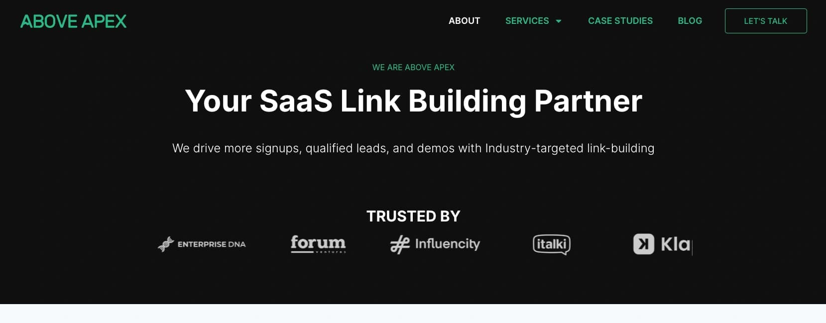 Above Apex homepage showing their B2B SaaS link building service