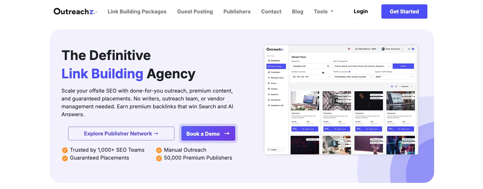 OutreachZ homepage showing their SaaS and B2B link building service