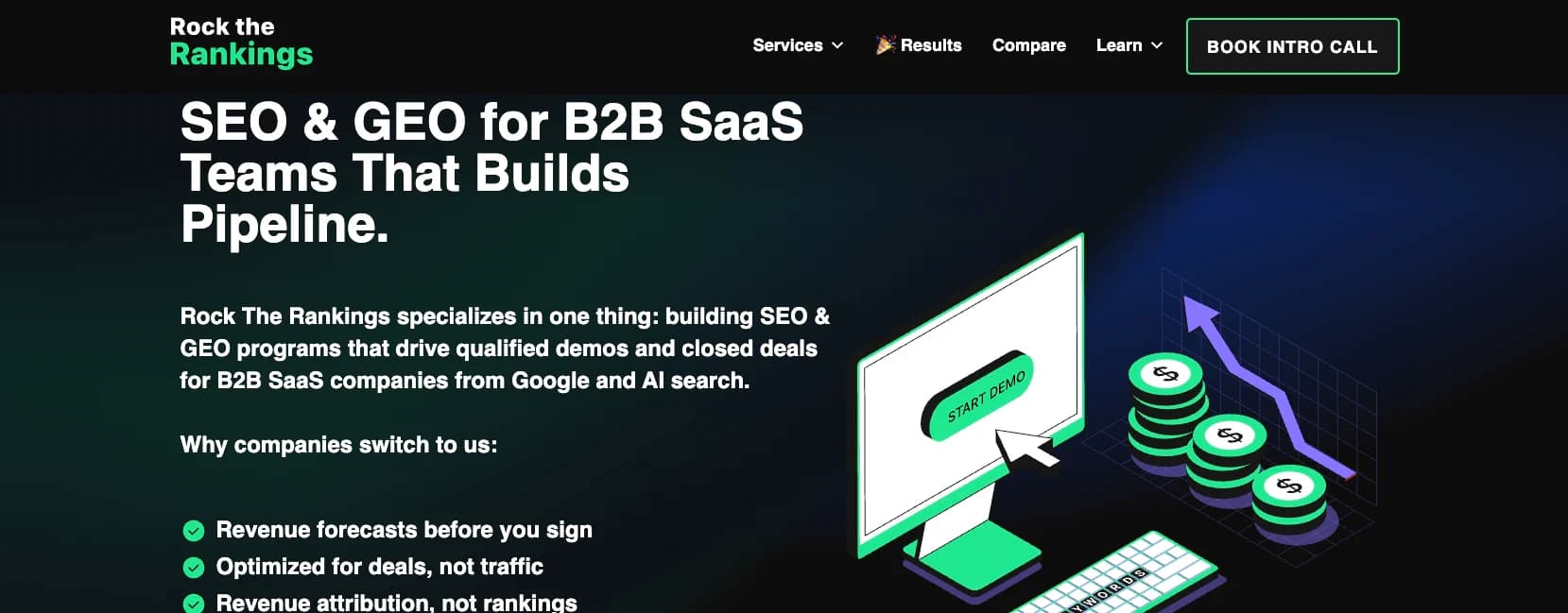 Rock The Rankings homepage showing their SaaS link building agency comparison list
