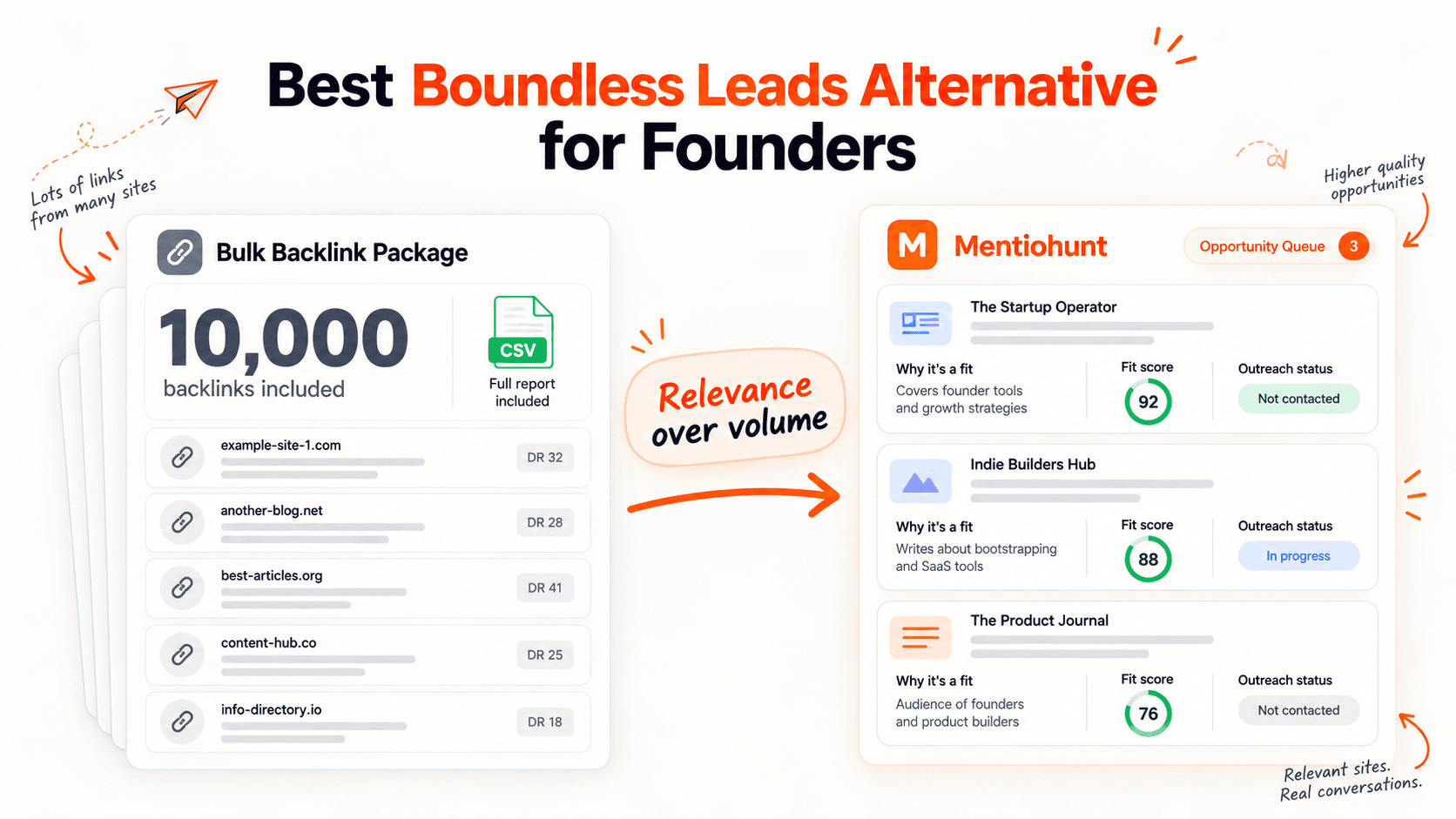 A bulk backlink package compared with Mentiohunt's relevance-first backlink opportunity queue.