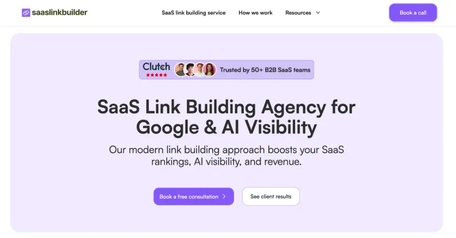 saaslinkbuilder homepage showing their SaaS link building service