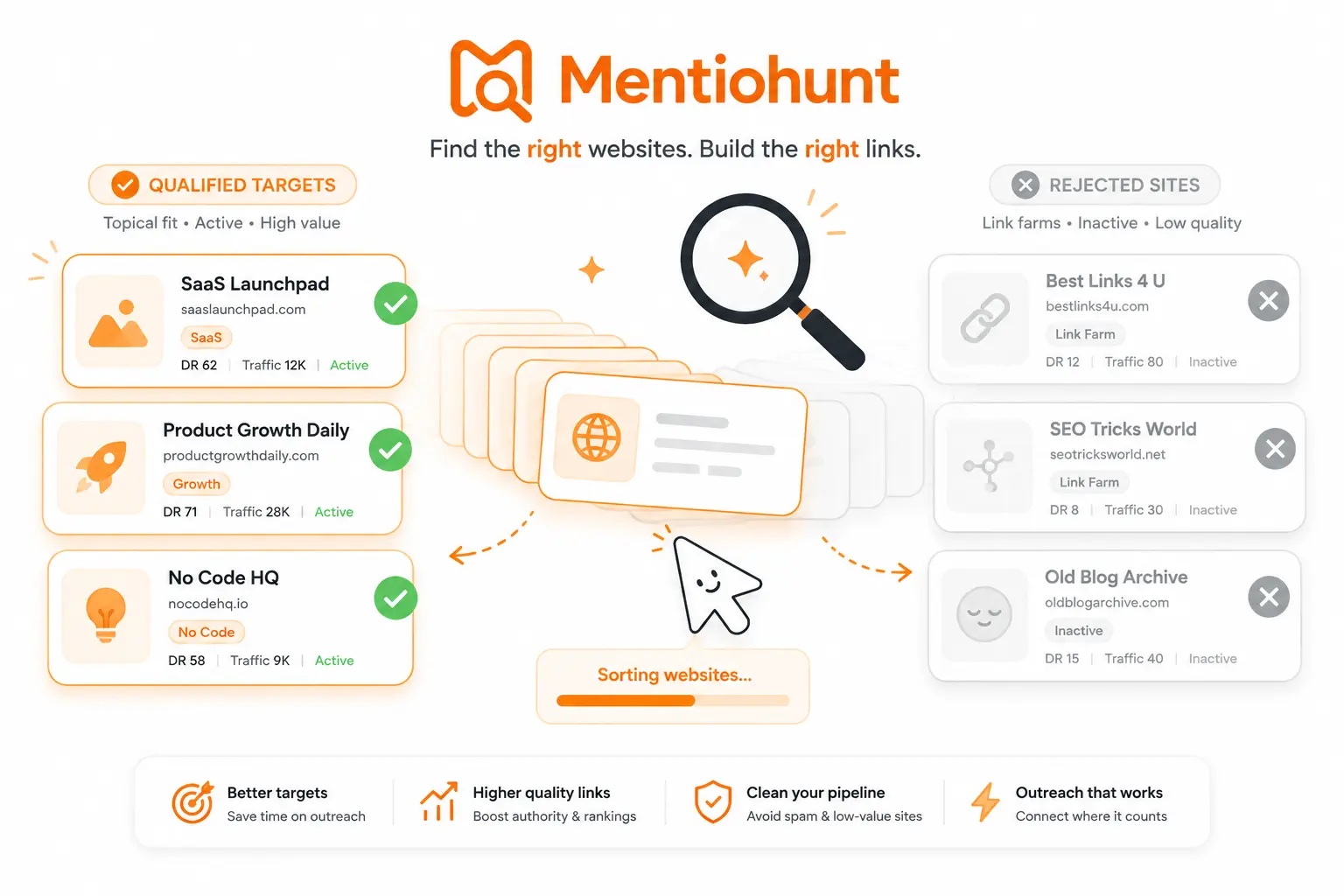 A queue of rounded website cards being sorted by a cursor — green-checkmarked cards on the left represent qualified targets with topical fit, faded-out cards on the right are filtered out as link farms or inactive blogs, with a magnifying glass hovering over the stack