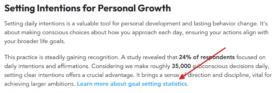 Sunsama's "How to Set Daily Intentions" blog post with a live contextual link to Elevation Vibe's goal-setting statistics page