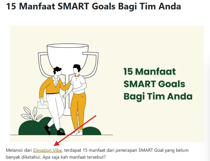 Weefer.co.id's SMART goals article naming Elevation Vibe directly as the source for its 15 benefits of SMART goals