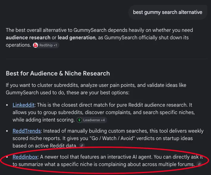 Google AI Overview citing Reddinbox for the search query "best gummy search alternative"