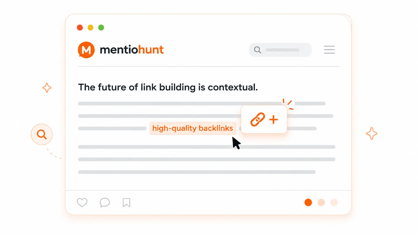 A webpage card showing a highlighted brand name in text with no hyperlink, and a cursor nearby suggesting the mention could become a clickable link