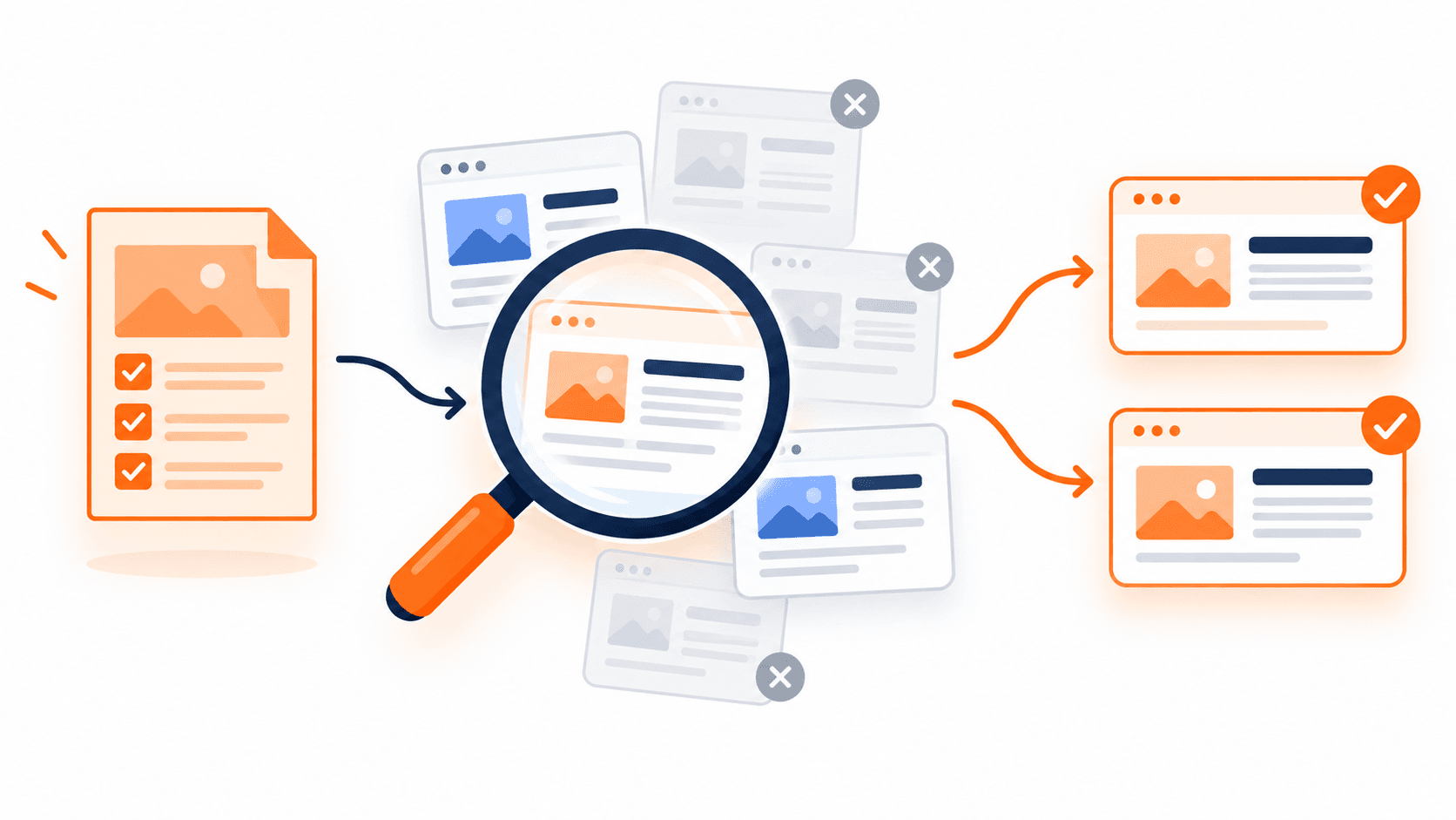 A useful SaaS resource is compared with publisher pages; poor fits are set aside and two relevant pages enter a shortlist