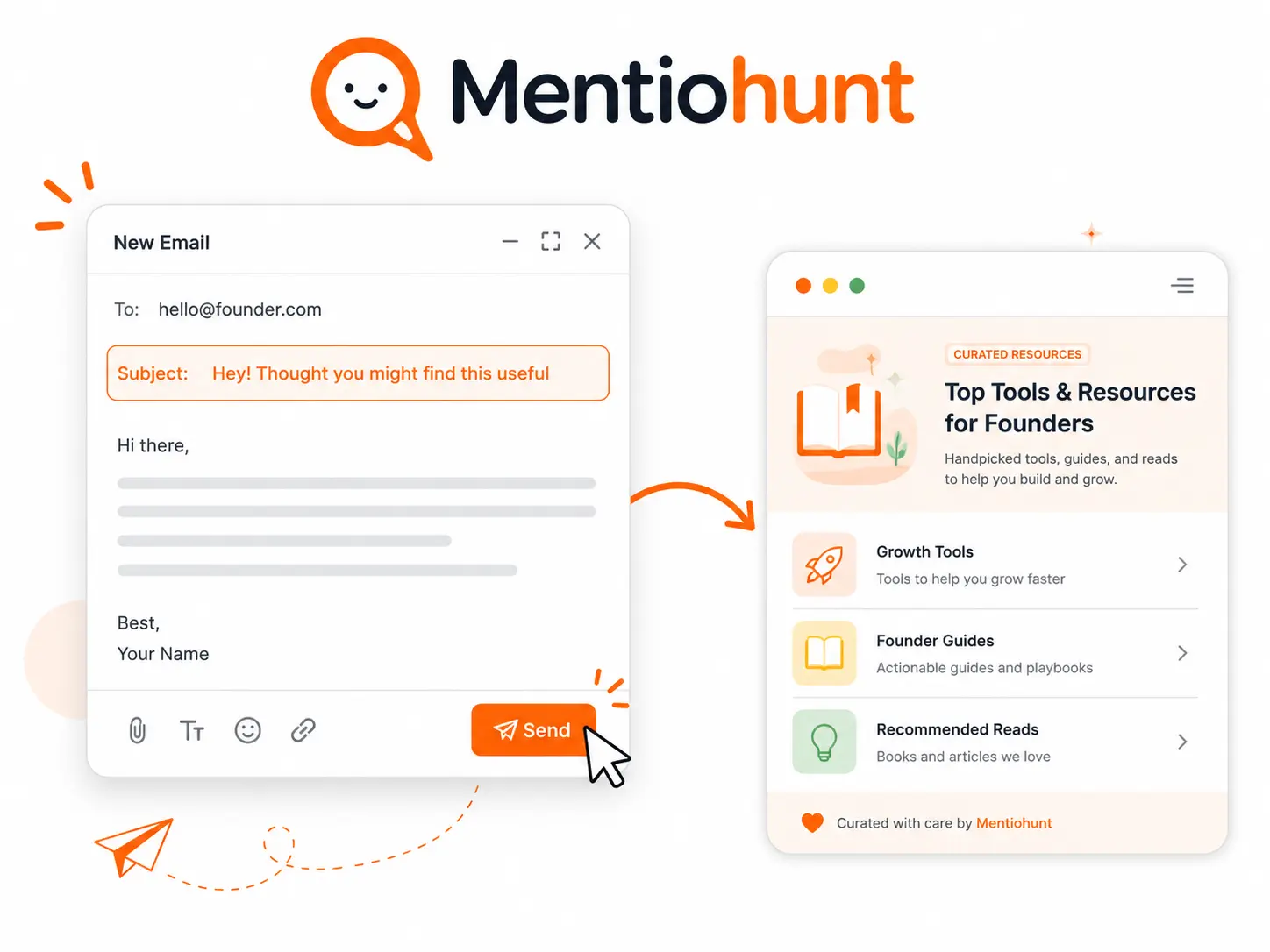 A floating email compose card with subject line highlighted in orange and a curved arrow connecting it to a rounded website card representing the resource page