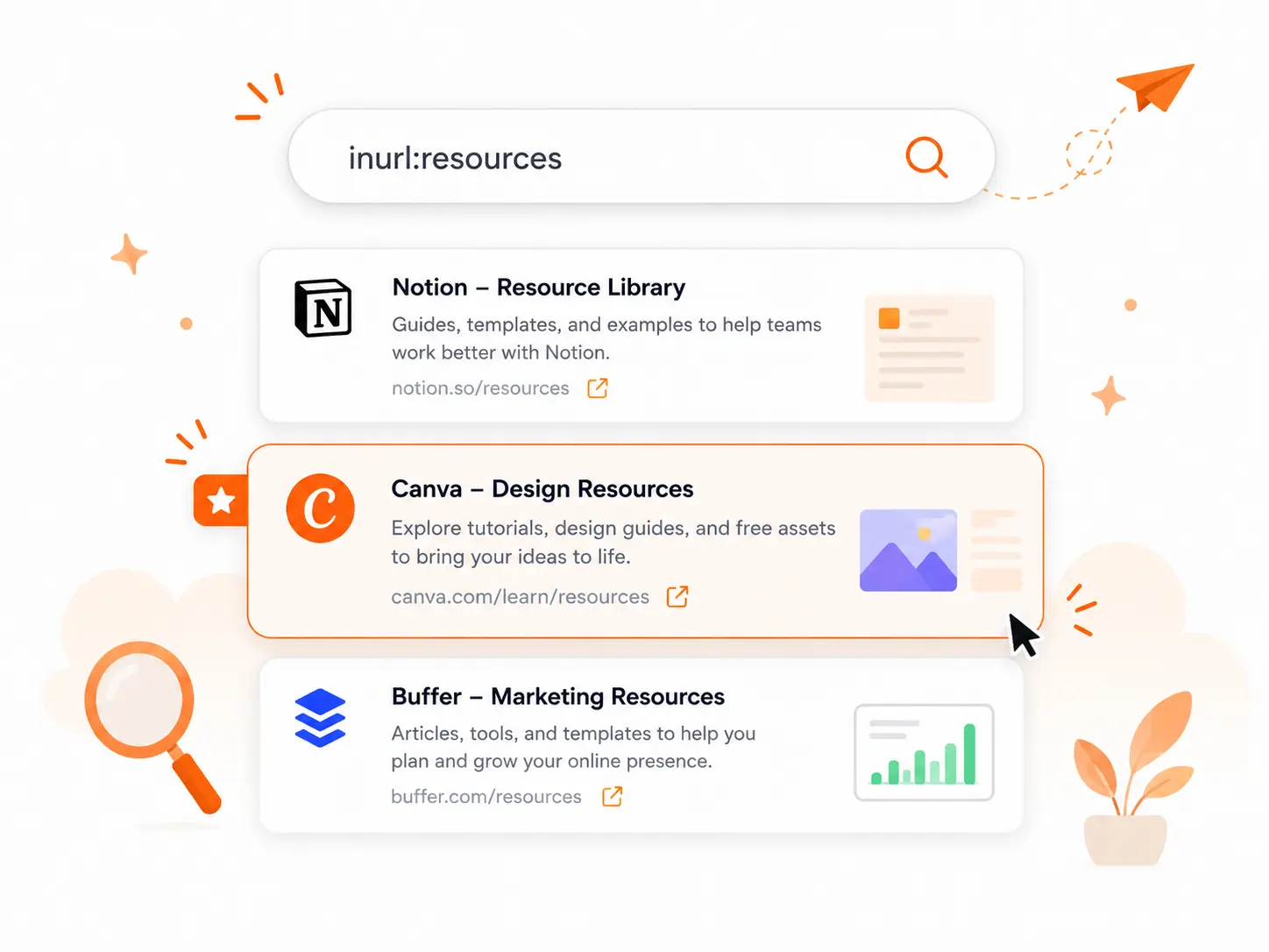 A search bar with an inurl:resources operator query and three rounded website cards appearing as results below, with a cursor hovering over one